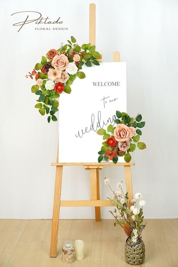 Wedding decor (pack of 2) Welcome Sign Flower Backdrop Garland For Ceremony Reception Wall Easel Home Decoration Entryway Faux Outdoor Board Head Table Decor (Orange & Terracotta)