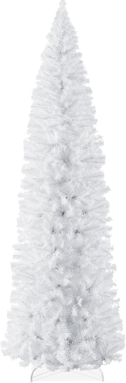 Best Choice Products White Pencil Christmas Tree 7.5ft Unlit Slim Decoration Without Lights, Skinny Premium Holiday Decor, Metal Stand, Easy Assembly