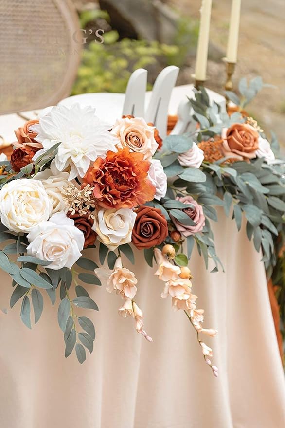 Ling's moment Fall 9FT Flower Garland for Backdrop Decorations - Wedding Arch Flowers, Eucalyptus & Rose, Artificial Floral Garland for Mantle - Sweetheart Table Decor for Ceremony, Terracotta
