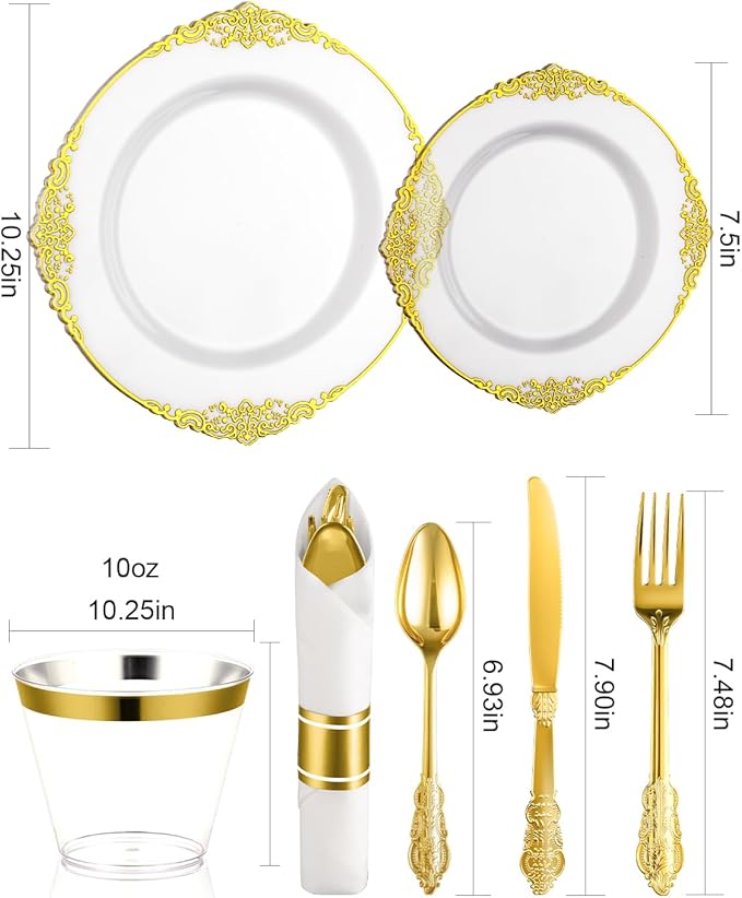 Goodluck 350 Piece Clear Gold Plastic Dinnerware Set for 50 Guests, Fancy Disposable Plates, Include: 100 Gold Rim Plastic Plates, 150 Silverwares, 50 Pre Rolled Napkins, 50 Cups for Party, Wedding