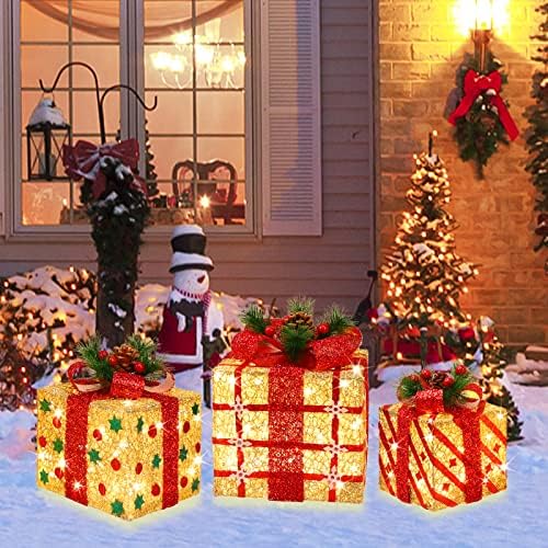 [Large 9.5"x8"x6.5" Christmas Set of 3 Lighted Gift Boxes Decorations Pre-lit 70 Super-Bright LED with Flashers,for Indoor Outdoor Christmas Tree Skirt Ornament Pathway Holiday Party Home