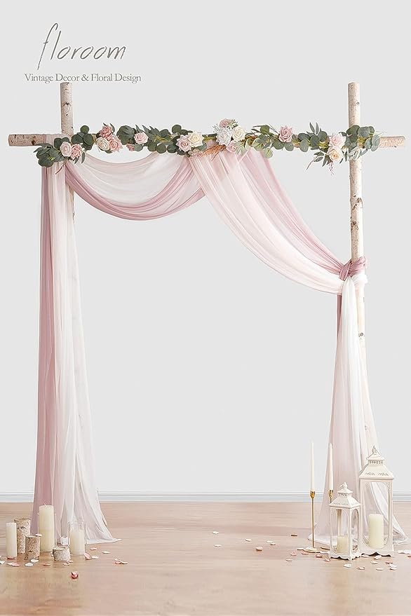 Floroom Wedding Arch Draping Fabric 3 Panels 20Ft Chiffon Fabric Drapes Arbor Drapery Wedding Ceremony Reception Swag Decorations (Dusty Rose +Blush +White)