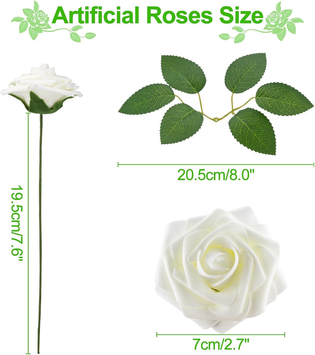100Pcs Artificial Flowers Real Looking Ivory White Foam Fake Roses w/ Stems