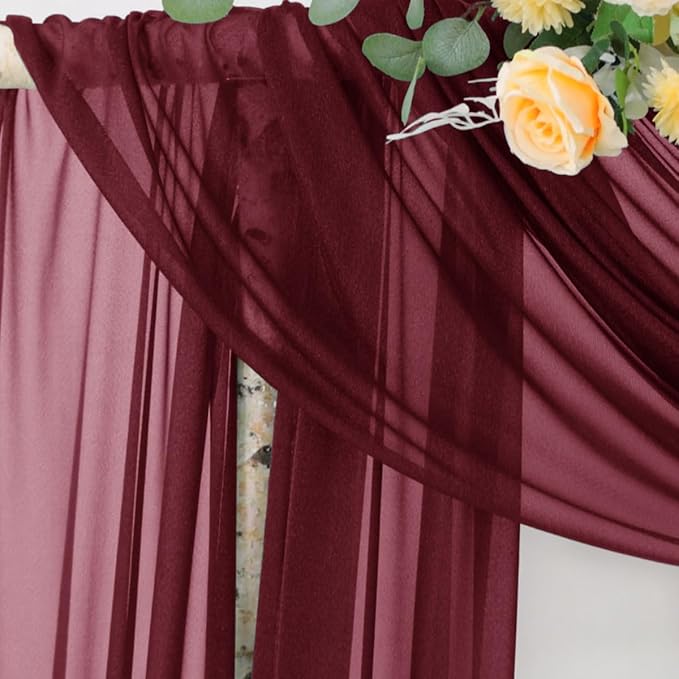 Socomi Wedding Arch Draping Fabric 29" x 20Ft 2 Panels Burgundy Sheer Outdoor Curtain Drapes Extra Long for Bridal Baby Shower Ceremony Birthday Party Decor