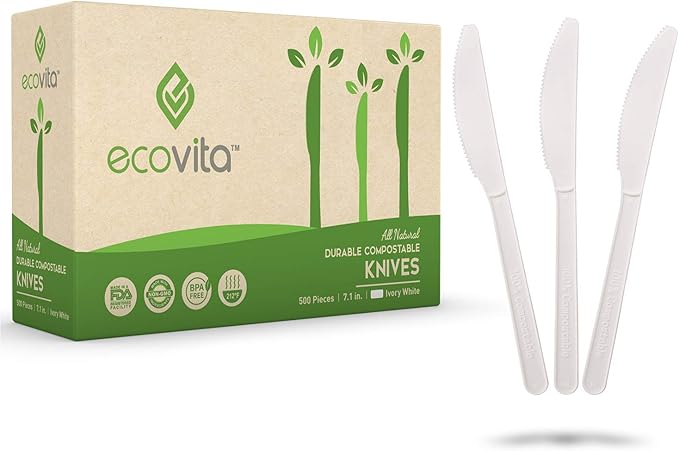 Ecovita 100% Compostable Knives - 500 Large Disposable Utensils (7 in.) Bulk Size Eco Friendly Durable and Heat Resistant Alternative to Plastic Knives with Convenient Tray