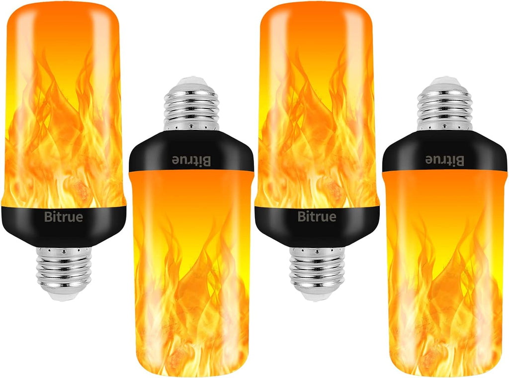 Bitrue LED Flame Effect Light Bulb, 4 Modes Flame Light Bulbs, E26 Base Fire Light Bulb with Gravity Sensor,Flickering Light Bulbs Halloween Home Party(4 Pack)