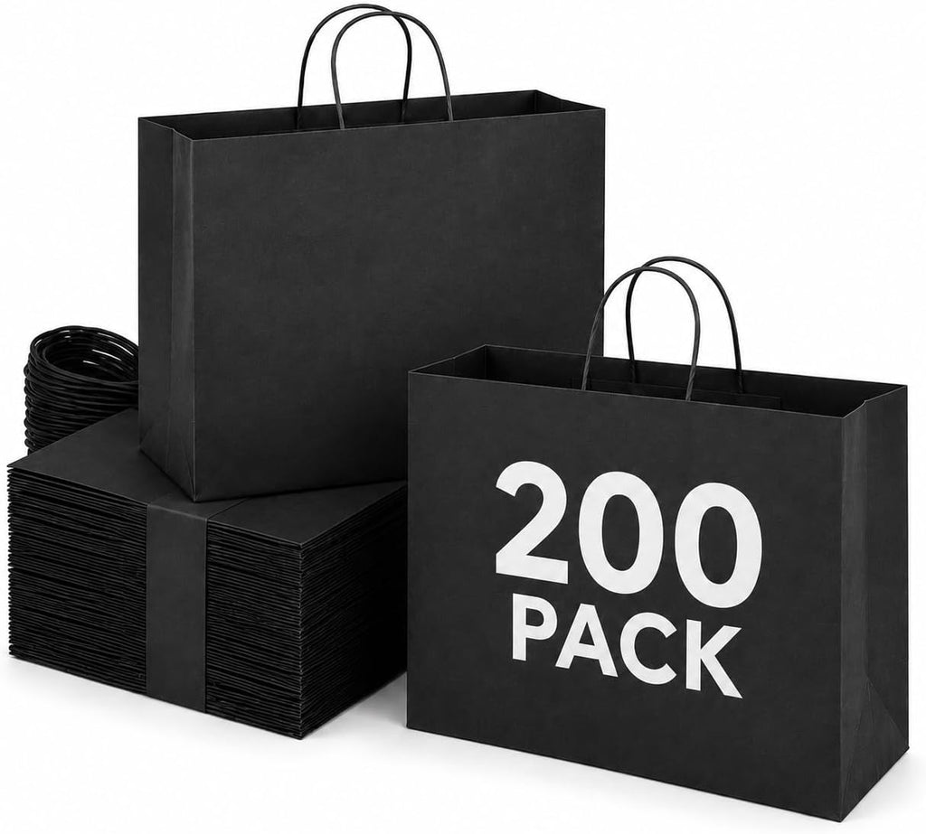 MESHA Large Black Gift Paper Bags with Handles 16x6x12 Inch 200 Pack Bulk