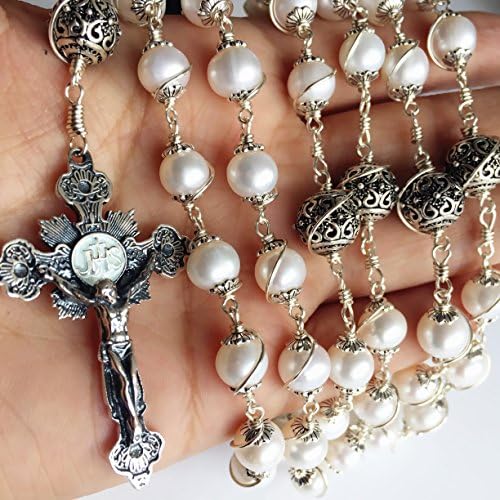 elegantmedical Wire Wraped Bali 925 Sterling Silver Pearl Beads Rosary Necklace Cross
