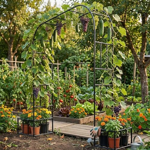 Garden Arch with Planter Boxes, Metal Arbor Trellis for Climbing Plants Outdoor, Heavy Duty Iron Archway for Wedding Ceremony Party Backyard Lawn Patio Decor, Black