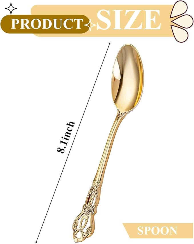 150PCS Gold Plastic Spoons - Gold Spoons Disposable - 8.1 Inch Heavy Duty Plastic Silverware - Heavyweight Elegant Disposable Utensils for Catering, Parties, Dinners, Weddings
