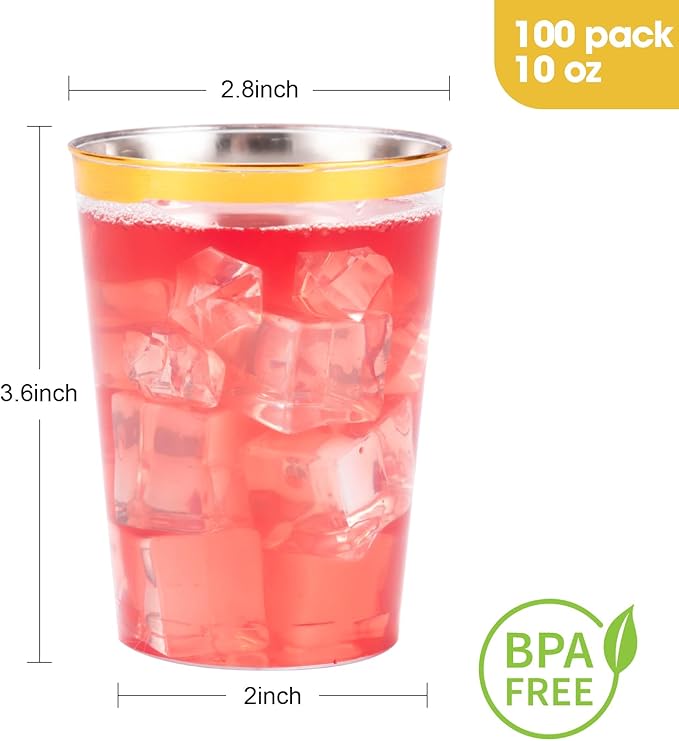 Goodluck 100PCS 10oz Gold Plastic Cups for Party, Disposable Gold Rim Cups, Plastic Cocktail Glasses for Wedding Thanksgiving, Christmas, and Parties