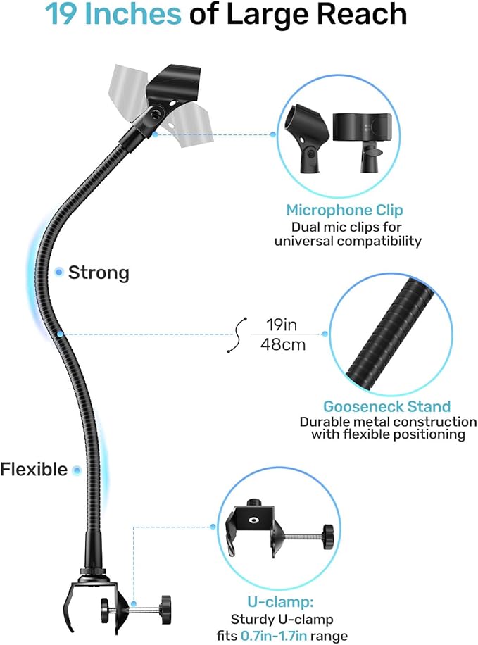 19-inch Gooseneck Microphone Holder Stand, Flexible Mic Arm with Super Crab Clamp for Mic Stand/Desk/Rod/Pole/Stick/Shelf/Tube Clamping, Ideal for Music Stand, Piano, Drum Recording