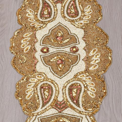 Lightnpro Beaded Christmas Table Runner, Fancy Handmade Decorative Embroidery Gold Runner for Christmas Xmas New Year Family Party Decoration - 13x36 Paisley Design
