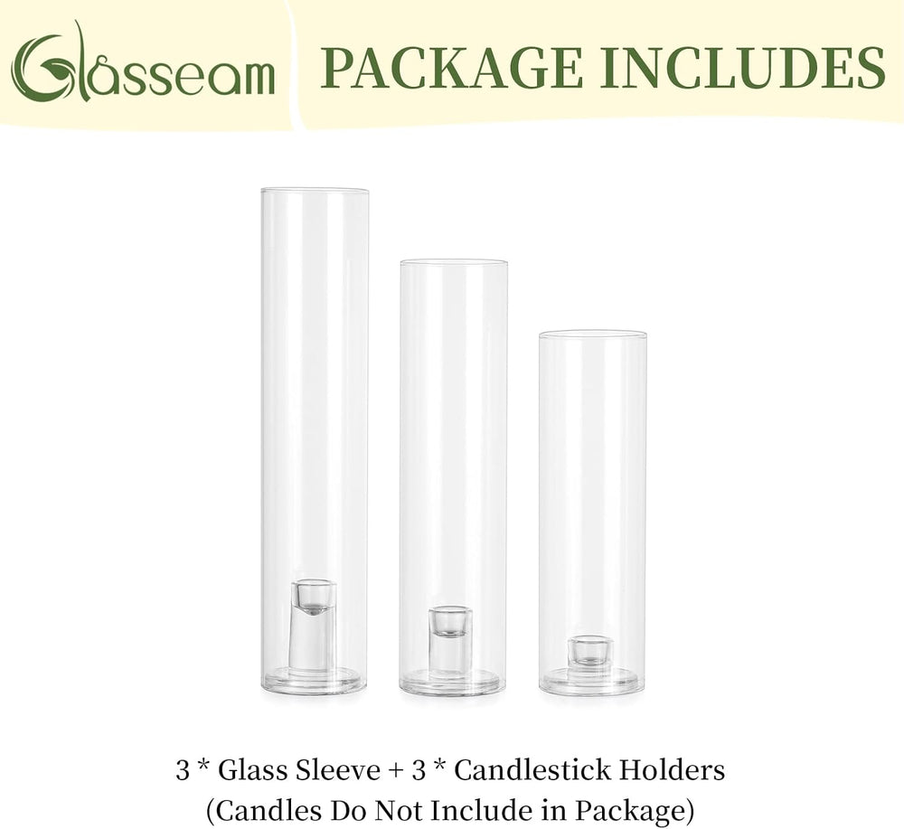 Glasseam Hurricane Taper Candle Holders: 3 Pcs Glass Candlestick for Table