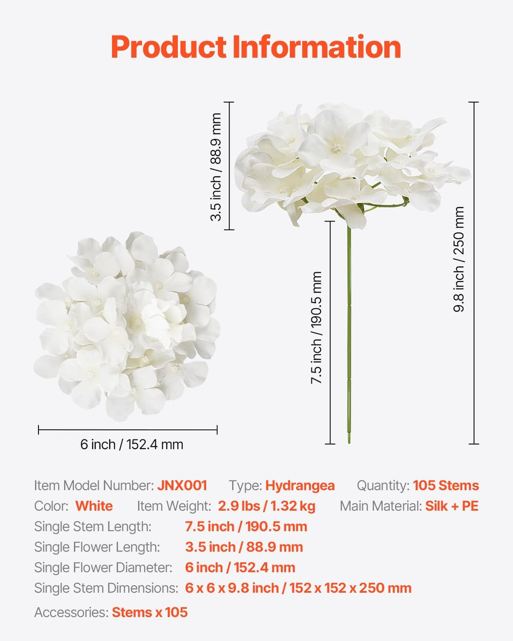 VEVOR Artificial Flowers, 105 pcs Real Looking White Silk Fake Hydrangea Bulk...