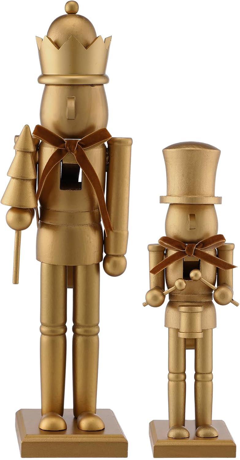 Weysat 2 Pcs Neutral Christmas Nutcracker Figure 10" 15" Gold Wooden