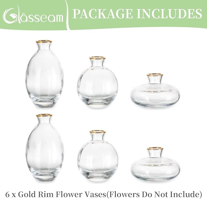 Glass Bud Vase for Centerpieces, 6Pcs/2Sets Glasseam Modern Gold Rim Mini Small Vases for Flowers Bulk Flower Vase Set Aesthetic Cute Handmade Tiny Short Wedding Table Centerpiece Decor