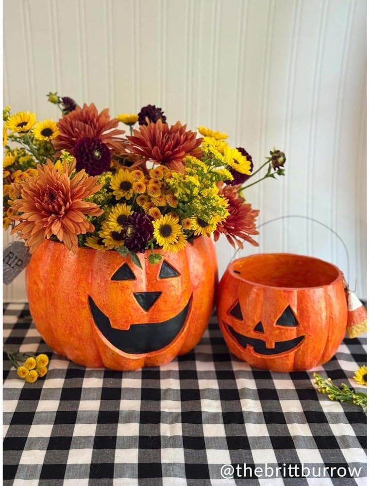 Mud Pie Paper Mache Pumpkin Treat Buckets, Set of 2 Halloween Candy Pails