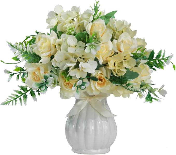 LESING Artificial Rose Silk Hydrangea Flowers Bouquets with Vase Rustic Fake Flowers for Home Decoration Table Centerpiece (Champagne)
