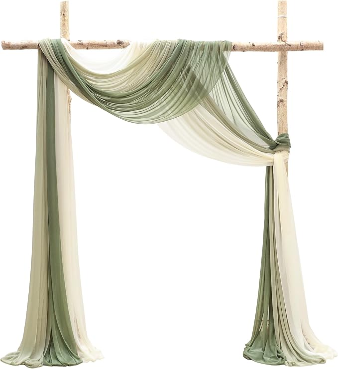 Floroom Wedding Arch Draping Fabric 3 Panels 20Ft Chiffon Fabric Drapes Arbor Drapery Wedding Ceremony Reception Swag Decorations (Forest Green +Sage Green +Ivory)