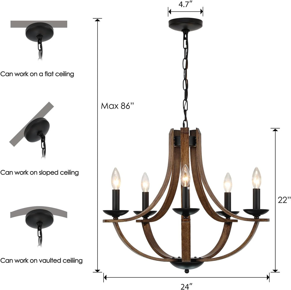 Farmhouse Chandeliers for Dining Room Light Fixture, 5-Light 24 inch Faux Woo...