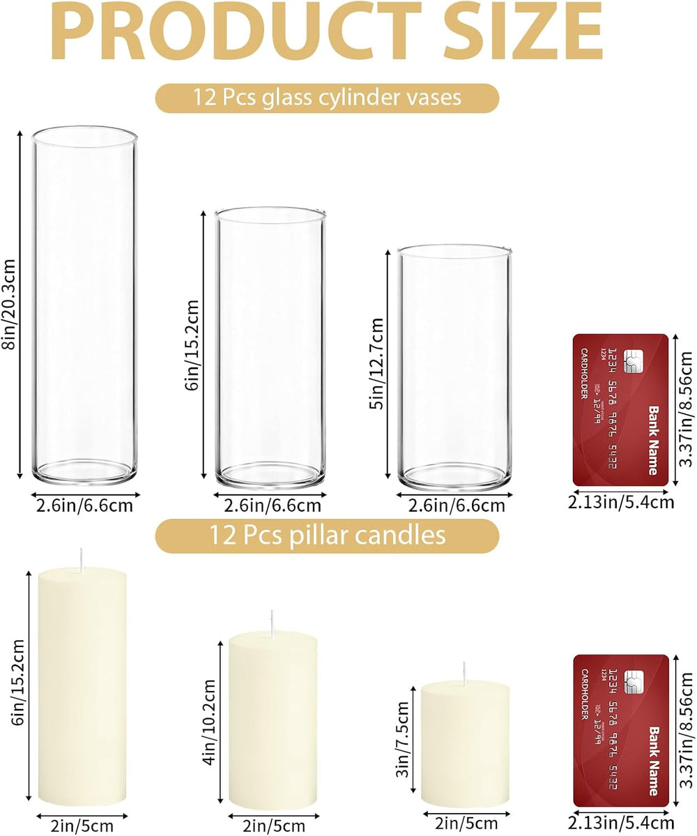 24 PCS Ivory Pillar Candles and Glass Cylinder Vases