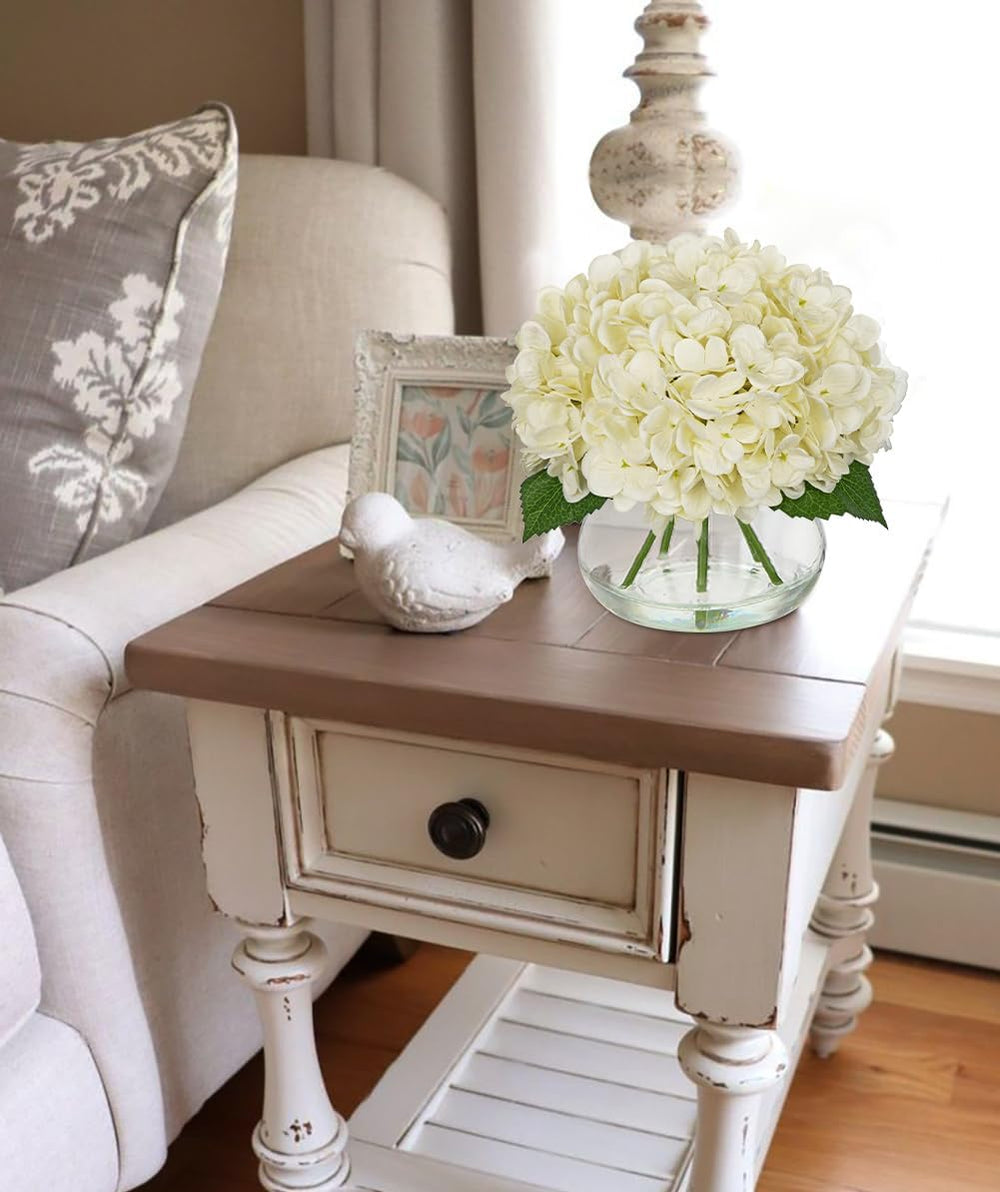 Hollyone Ivory White Hydrangea Artificial Flowers with Glass Vase Green Silk ...