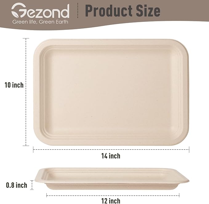 Gezond 50 Pack 14 Inch Disposable Food Trays Eco-friendly Heavy-Duty Large Paper Plates Compostable Sugarcane Platters for Crawfish Lobster Seafood Party Natural