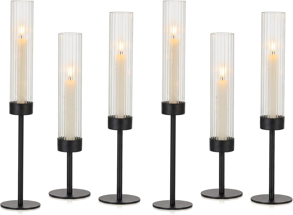 Glasseam Black Candlestick Holders, 6Pcs Fluted Glass Hurricane with Taper