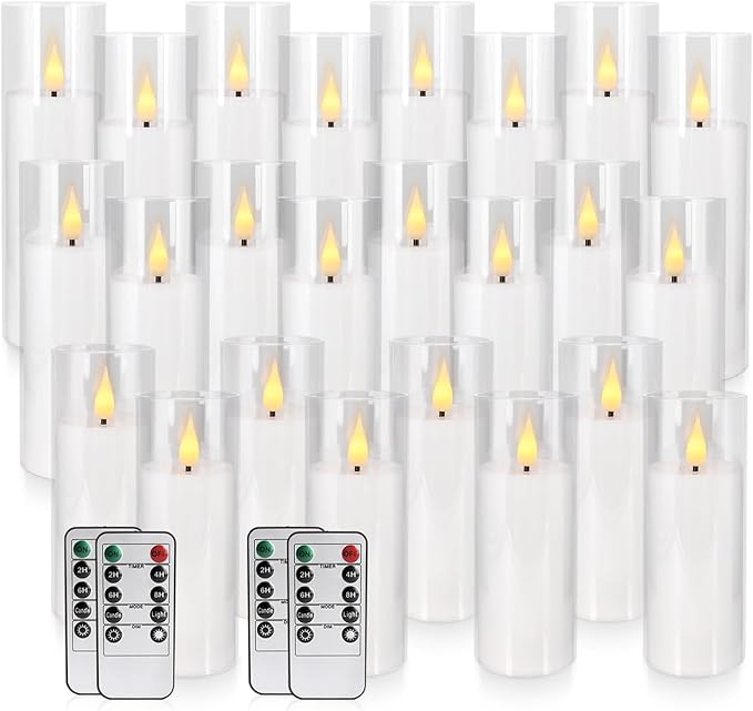 Set of 24 Flickering Flameless Candles Battery Operated with Remote and 2/4/6/8 H Timer Plexiglass Led Pillar Candles with Realistic Moving Wick Candles for Home Decor (D2.2"xH 5"6"7")(White)