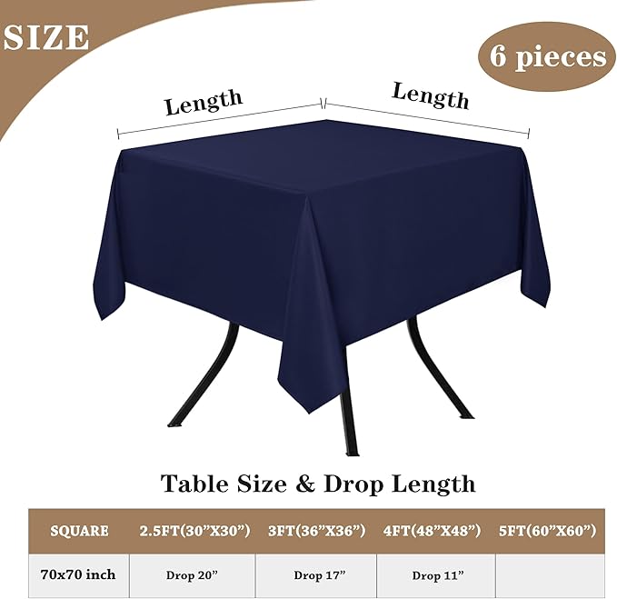 Fitable 6 Pack Square Tablecloths - 70 x 70 Inches - Stain Resistant and Reusable Table Clothes, Navy Polyester Fabric Table Covers for Dining, Card Tables, Coffee Tables