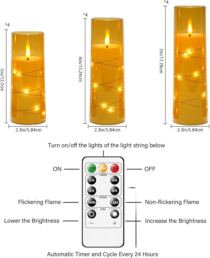 Flameless Candles with Embedded Star String - Battery Operated LED Candles, with Remote,12 Gold Flickering Candles for Christmas, Weddings, Home Decor & Party,(D 2.3"×H 5" 6" 7")