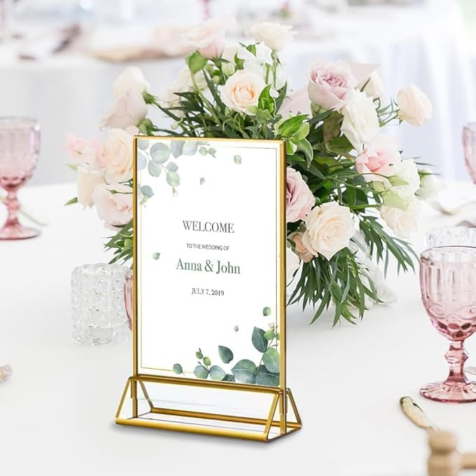 24 Pack Gold Acrylic Sign Holder, Picture Frames Wedding Double Sided Display Clear Sign Holders Stand Desktop Table Menu for Wedding Party Restaurant (5×7)