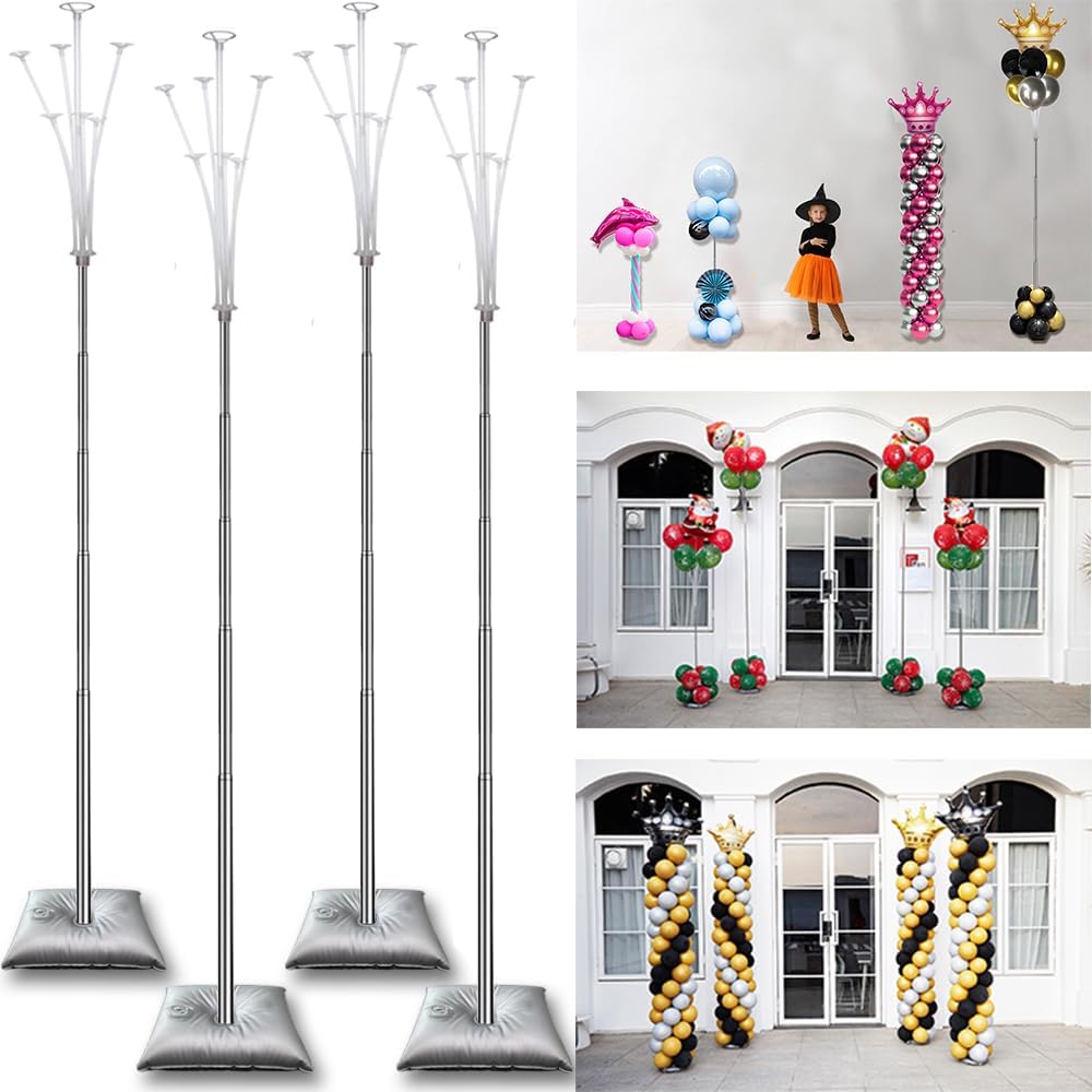 Decojoy 4 Set Balloon Stand Kit, 9 Feet Adjustable Balloon Arch for Floor, Ballon Column Tower with Weights Base and Pole, Metal Backdrop Stands for Parties, NO Need Helium Tank for Balloons