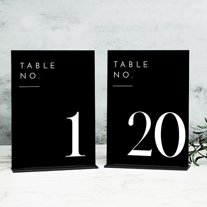 JINMURY Black Wedding Table Numbers 1-20 with Stands, 5"x7" Black Acrylic Table Numbers with White Font, Perfect for Wedding Party Reception(1-20, 5"x7")