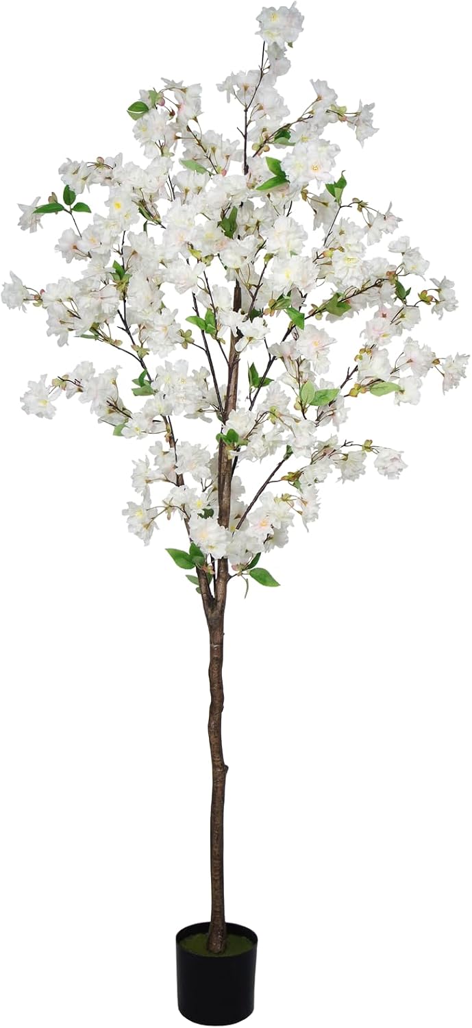 6FT Artificial Cherry Blossom Tree, Lifelike White Cherry Plant in Pot for Indoor, Garden, Office, Wedding & Party Decoration