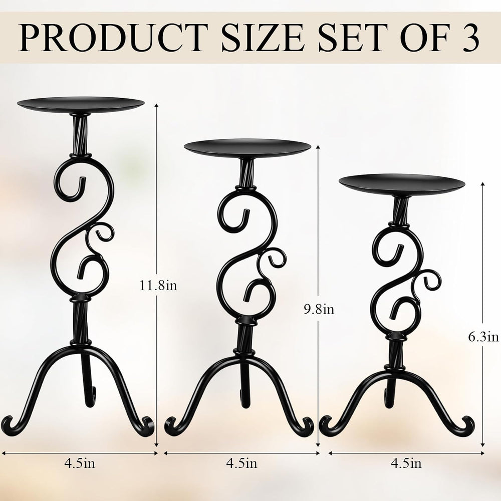 3 Pcs Black Iron Candlestick Holders 11.8,9.8,6.3 Inch, Classic