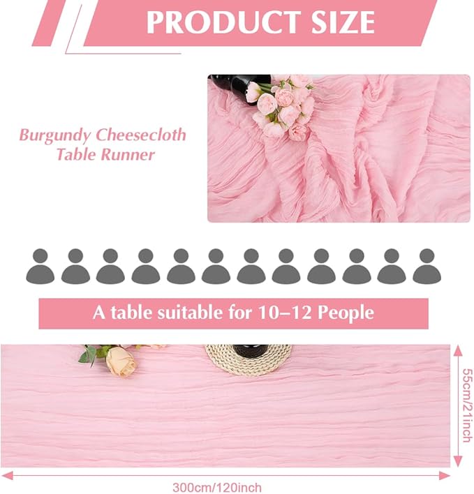 10 Pack Pink Cheesecloth Table Runner -21*120Inch Long Boho Wedding Table Decor, Rustic Gauze Fabric Runner for Bridal Showers, Baby Showers & Parties (Sheer, Lightweight, Wrinkled Design)