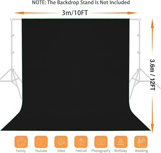 12x10 FT Black Backdrop Background, 100% Polyester Photography Backdrop Screen Foldable Washable Black Screen for Professional Photo Studio Photoshoot Portraits Party