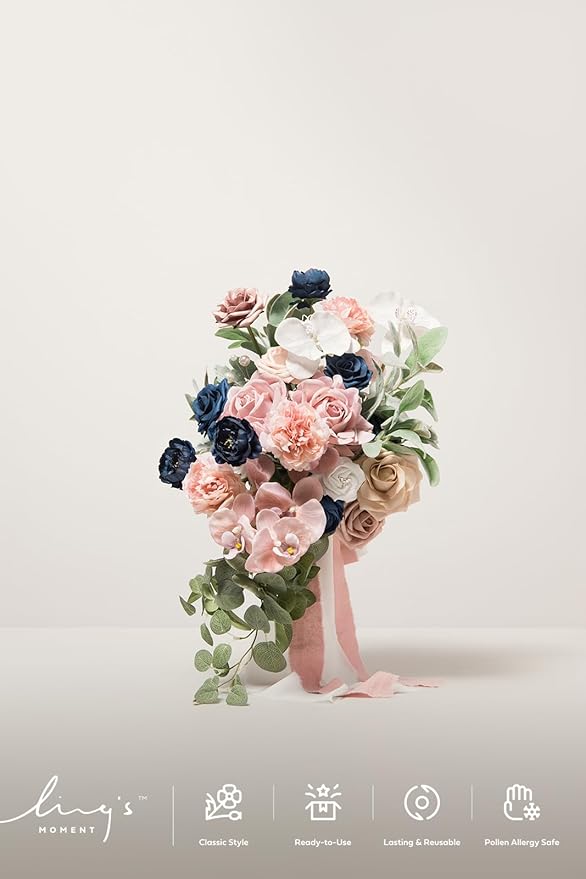 Ling's moment Dusty Rose Navy Blue Bridal Bouquet Cascading, Pink and Blue Wedding Bouquets for Bride, 15 Inch Silk Artificial Wedding Flower Bouquet