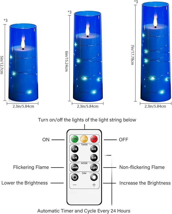 Flameless LED Candles with Timer 9 Pc Flickering Flameless Candles for Romantic Ambiance and Home Decoration Stable Acrylic Shell,with Embedded Star String，Battery Operated Candles（Blue）