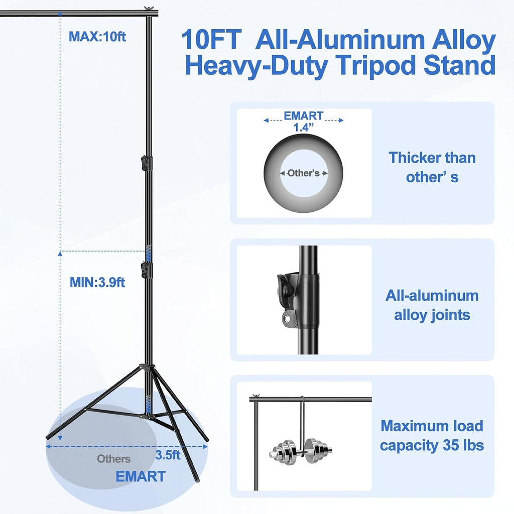 emart 12x10ft heavy duty backdrop stand, adjustable banner showing dimensions