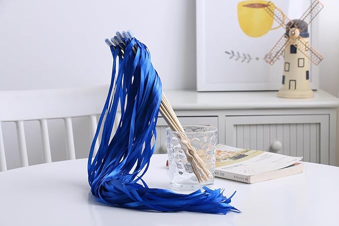 100PCS Ribbon Stick Wands Wedding Streamers with Silk Fairy Stick Wand for Wedding Party Baby Shower Send Off Party Activities Holiday Celebration Favors (Royal Blue-100PCS)