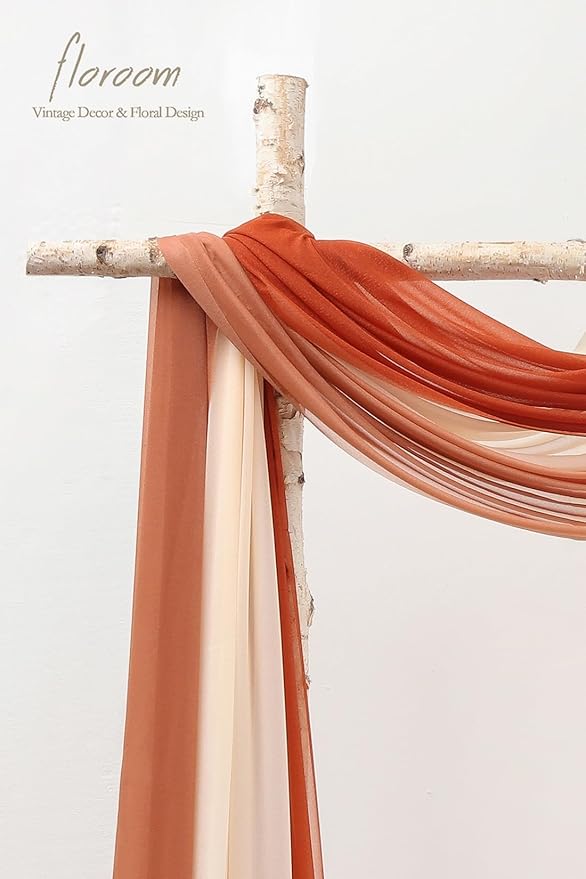 Floroom Wedding Arch Draping Fabric 3 Panels 20Ft Chiffon Fabric Drapes Arbor Drapery Wedding Ceremony Reception Swag Decorations (Terracotta +Coral Peach +Peach)