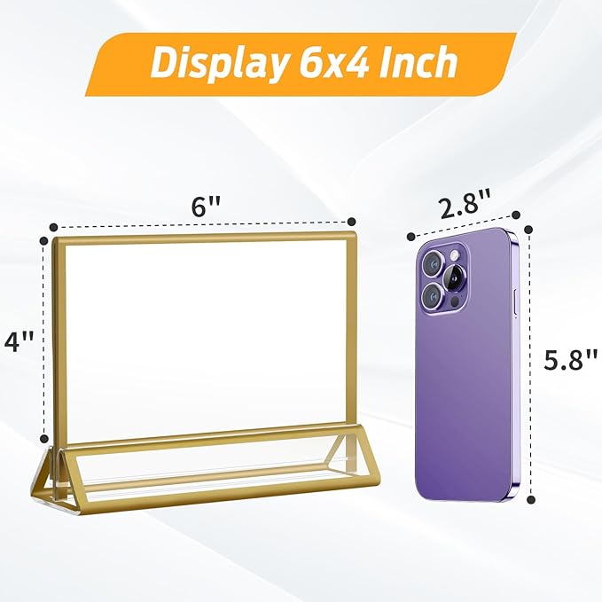 Smarpau 6x4 Gold Acrylic Sign Holder, 8 Pack Wedding Table Number Holders with Horizontal Stand, Double Sided Photo Picture Frames Stands, Flyer Stand, Paper Display Stand for Cafe, Restaurant