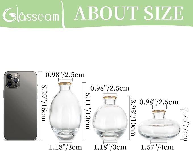 Glass Bud Vase for Centerpieces, 6Pcs/2Sets Glasseam Modern Gold Rim Mini Small Vases for Flowers Bulk Flower Vase Set Aesthetic Cute Handmade Tiny Short Wedding Table Centerpiece Decor