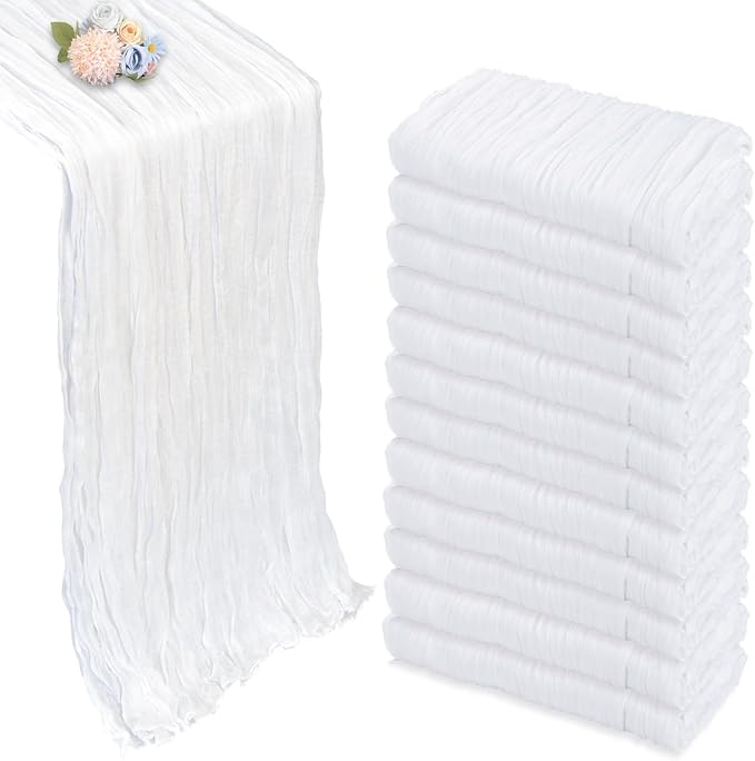 12 Pack White Cheesecloth Table Runner 10ft Boho Gauze Fabric Cheese Cloth Table Runner 35 x 120 Inch Rustic Sheer Runner for Romantic Wedding Decor Baby Shower Party Table Centerpiece Decoration