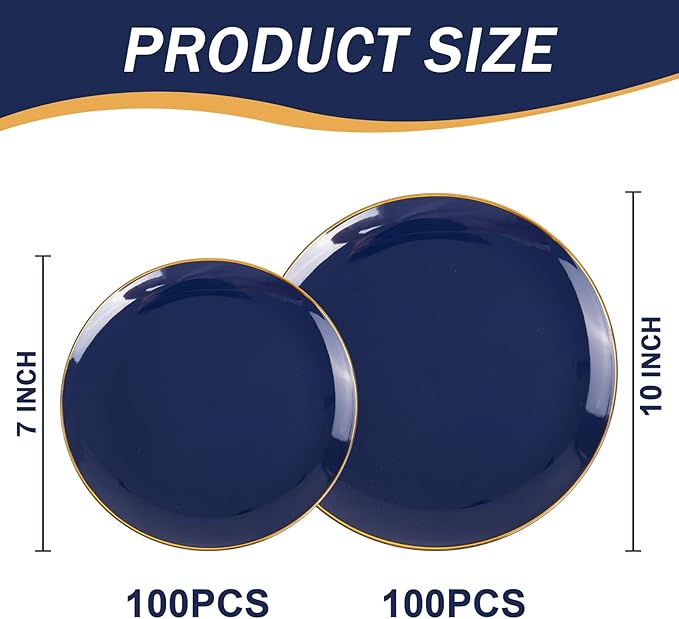 bUCLA 200PCS Blue Plastic Plates - Navy Blue Disposable with Gold Rim Include 100 Each (10 inch Dinner & 7 inch Dessert) Plates, Ideal for Party & Gathering