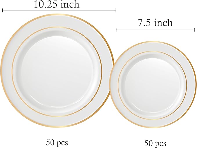 Neatiffy100 Pcs Gold Rim Plastic Dinnerware Set (50 Guest) | 50 x (Dinner Plate, Dessert Plate) | For Wedding, Luxurious Party, Special Event (100 Pcs)