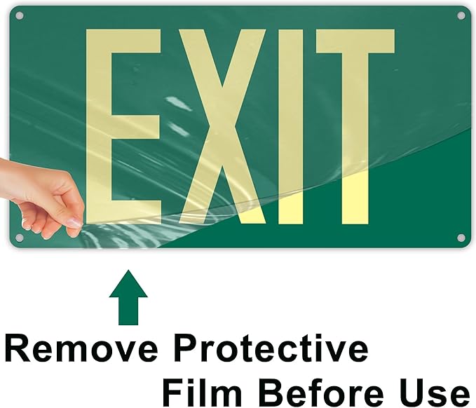 (2Pack) Photoluminescent Exit Sign, Glow In The Dark Aluminum Exit Sign Green - Adhesive Backing - 4pcs Removable Arrows Included - 14.25 x 7.5 Inches - Non Electrical Exit For 50 Feet Visibility